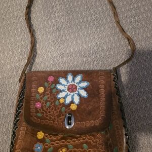 Brown Floral Embroidered Leather Bag